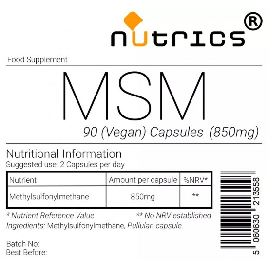 Organic Sulfur MSM Methylsulfonylmethane 850mg V Capsules