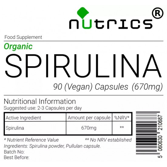 Pure Organic SPIRULINA 670mg Vegan Capsules