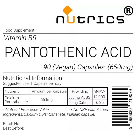 Vitamin B5 Pantothenic Acid Vegan 600mg Capsules