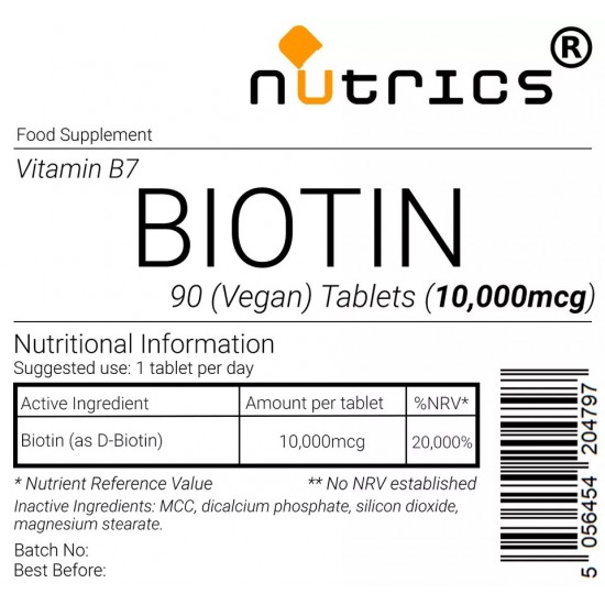 BIOTIN 10,000mcg 90 Vegan Tablets 