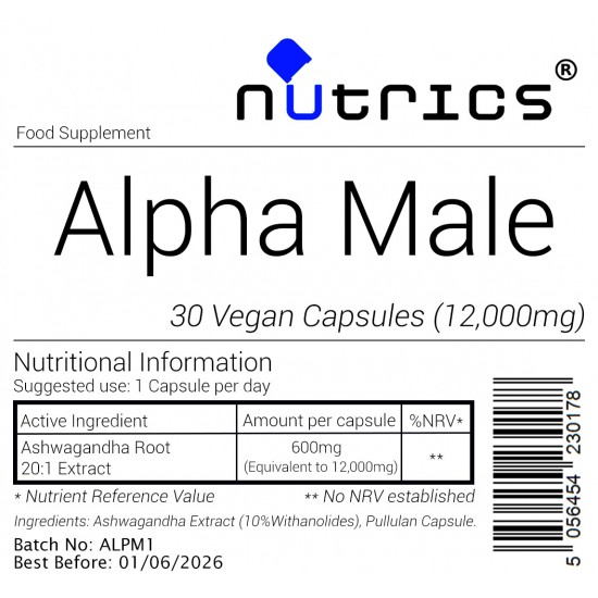 Alpha Male 12000mg Ashwagandha root 20:1 extract 30 Vegan Capsules
