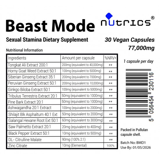 Beast Mode 77000mg Sexual Stamina Dietary Supplement - 30 Vegan Capsules