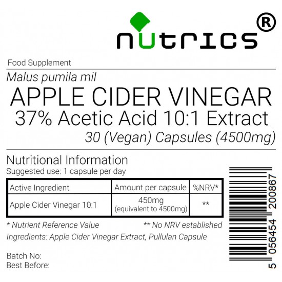Apple Cider Vinegar, 10:1 Extract, 37% Acetic Acid, 4500mg V Capsules 