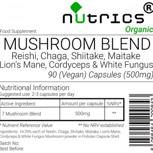 Mushroom Blend Reishi, Chaga, Shiitake, Maitake, Lion's Mane, Cordyceps and White fungus 600mg  Organic Vegan Capsules 