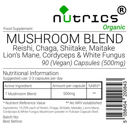 Mushroom Blend Reishi, Chaga, Shiitake, Maitake, Lion's Mane, Cordyceps and White fungus 600mg  Organic Vegan Capsules 