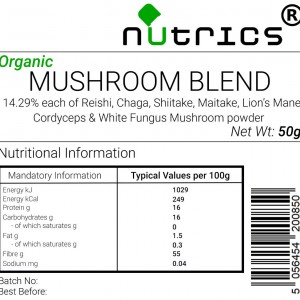 Mushroom Blend Reishi Chaga Shiitake Maitake Lion's Mane Cordyceps White fungus Organic Vegan Powder 50g