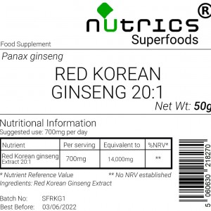 Red Korean Ginseng 20:1 Extract Vegan Powder 