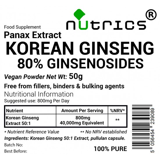Korean Ginseng 50:1 80% Ginsenosides Extract Vegan Powder 