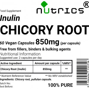 CHICORY ROOT 850mg x 60 Vegan Capsules Prebiotic Fibre INULIN 100% Pure