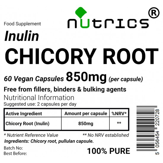 CHICORY ROOT 850mg x 60 Vegan Capsules Prebiotic Fibre INULIN 100% Pure