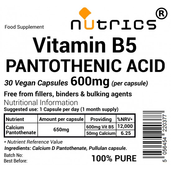 Vitamin B5 Pantothenic Acid Vegan 600mg Capsules