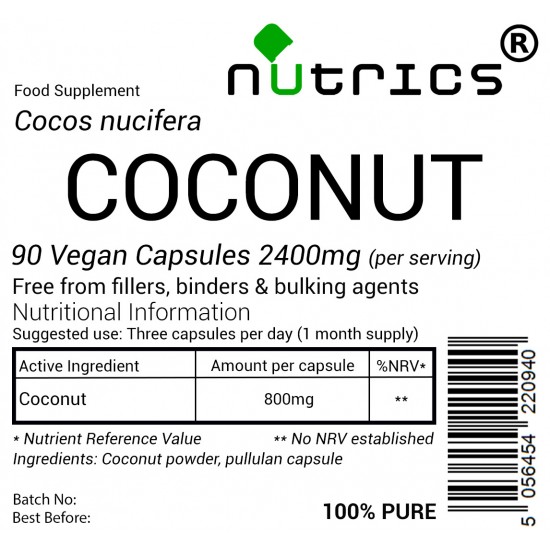 Coconut 800mg   90 Vegan Capsules 100% Pure 