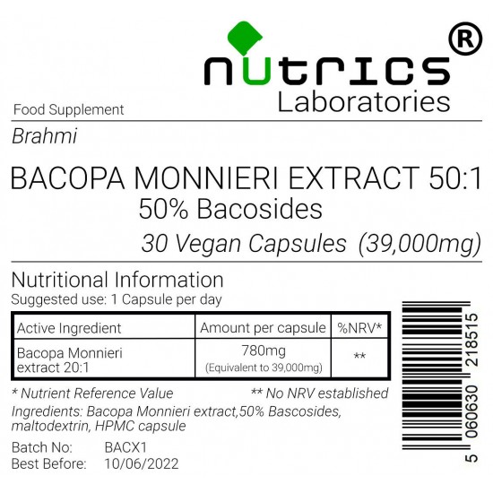Bacopa Monnieri (Brahmi), 50% Bacosides, 50:1 Extract, 39,000mg V Capsules