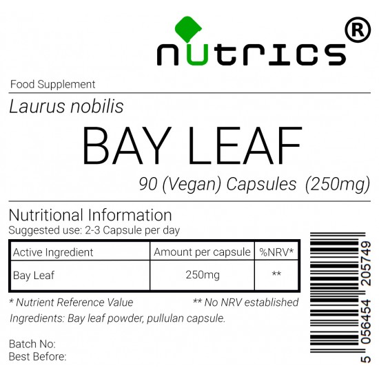 BAY LEAF 250mg x 90 Vegan Capsules 100% Pure laurel leaf Laurus nobilis