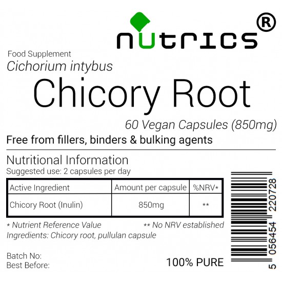 CHICORY ROOT 850mg x 60 Vegan Capsules Prebiotic Fibre INULIN 100% Pure