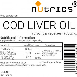 Cod Liver Oil EPA DHA  VITAMIN A  VITAMIN D3 1000mg  Softgel Capsules