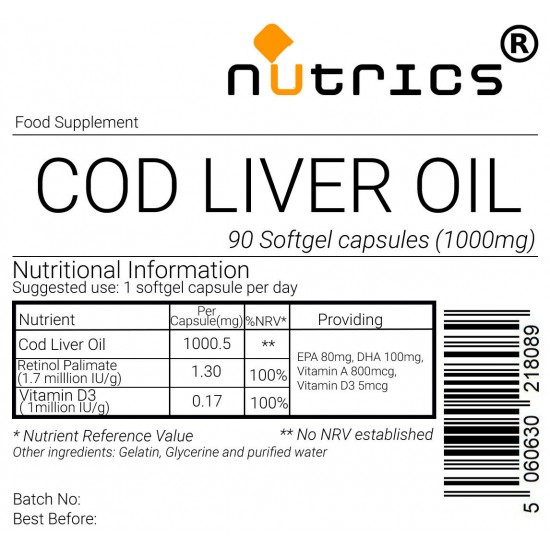 Cod Liver Oil EPA DHA  VITAMIN A  VITAMIN D3 1000mg  Softgel Capsules