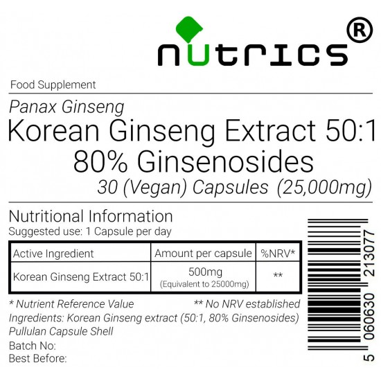 Korean Ginseng 50:1 Extract, 80% Ginsenosides, 25,000mg V Capsules 