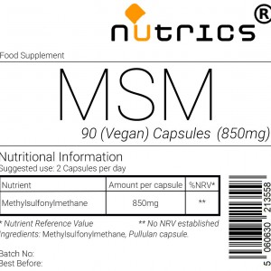 Sulfur MSM Methylsulfonylmethane (Organic) 850mg Vegan Capsules
