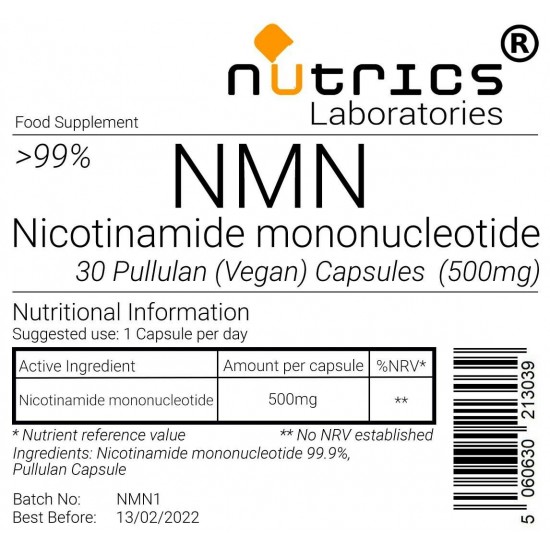 NMN Nicotinamide mononucleotide 500mg 30 capsules certified 99.9% NAD+