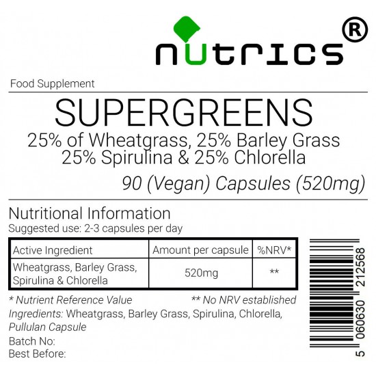 SuperGreens Chlorella Spirulina Wheatgrass BarleyGrass Capsules 520mg V Capsules (Organic)